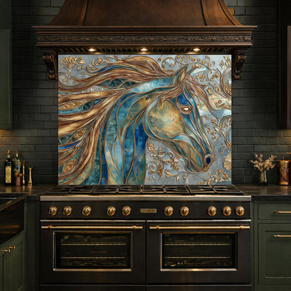 Abstract Horse Head Tempered Glass Kitchen Backsplash Panel – Gold Blue Animal Wall Art