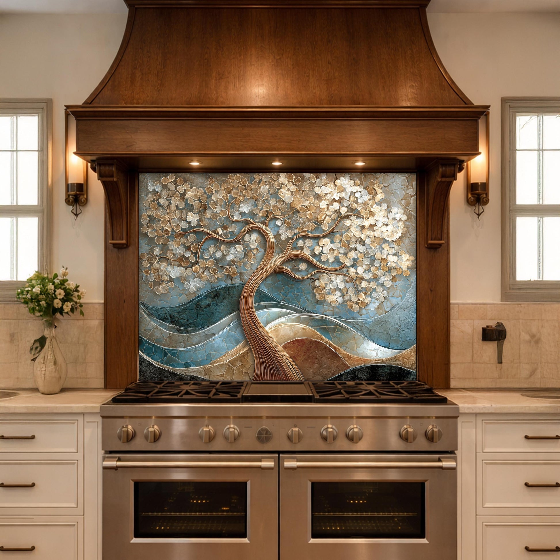 Tree of Life Tempered Glass Kitchen Backsplash Panel – Gold Blue Marble Floral Art