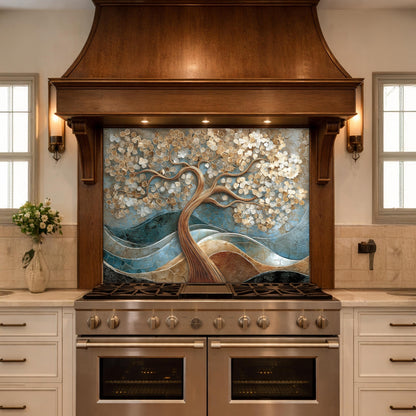 Tree of Life Tempered Glass Kitchen Backsplash Panel – Gold Blue Marble Floral Art