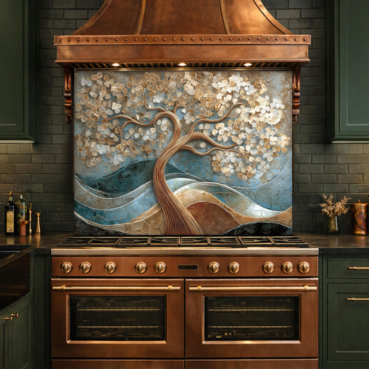 Tree of Life Tempered Glass Kitchen Backsplash Panel – Gold Blue Marble Floral Art
