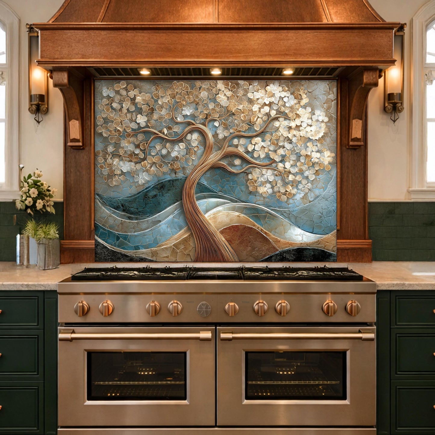 Tree of Life Tempered Glass Kitchen Backsplash Panel – Gold Blue Marble Floral Art