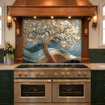 Tree of Life Tempered Glass Kitchen Backsplash Panel – Gold Blue Marble Floral Art