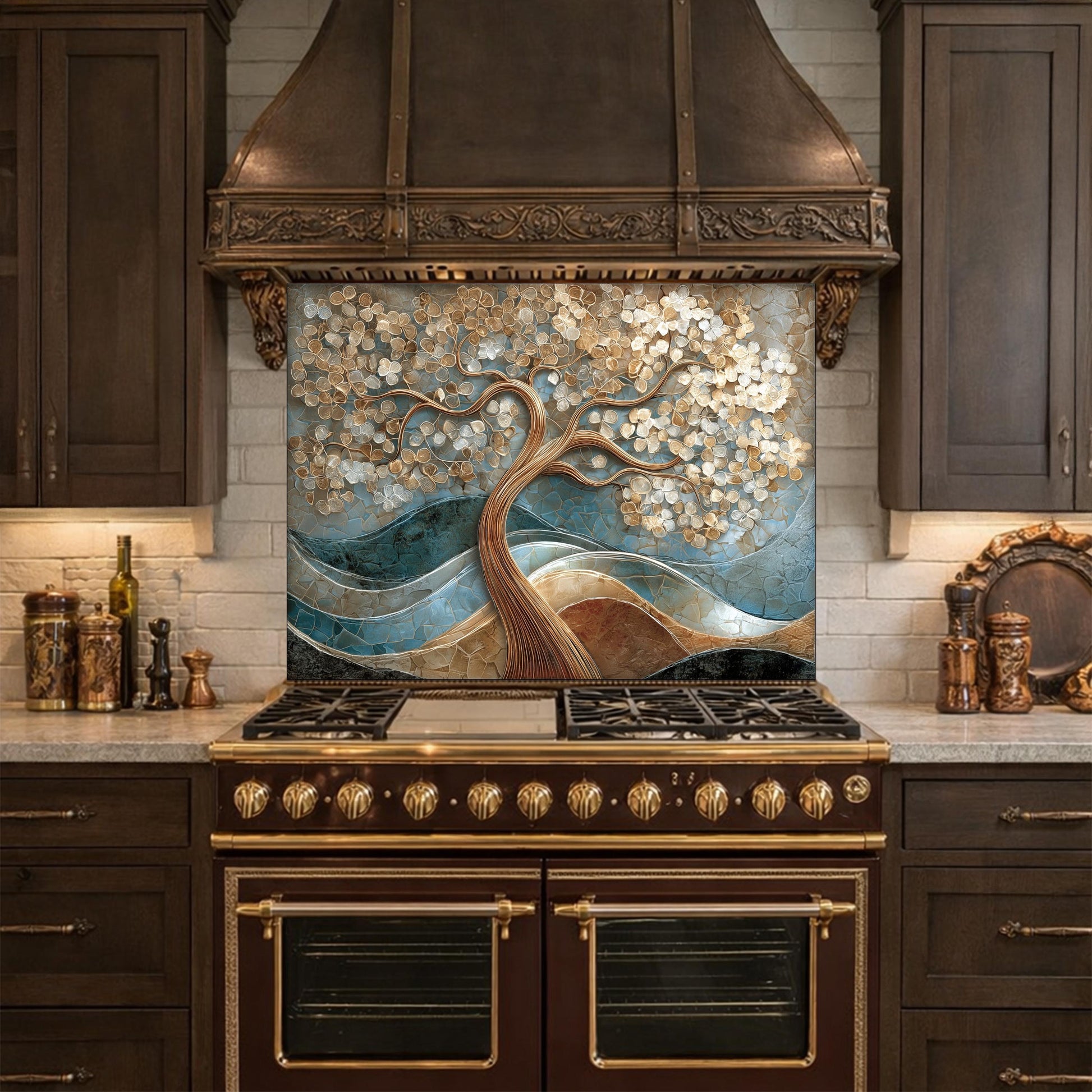 Tree of Life Tempered Glass Kitchen Backsplash Panel – Gold Blue Marble Floral Art