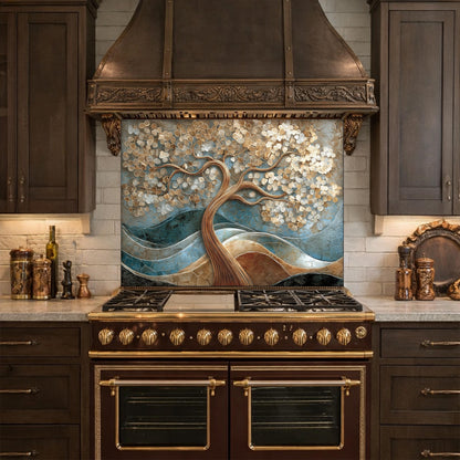 Tree of Life Tempered Glass Kitchen Backsplash Panel – Gold Blue Marble Floral Art