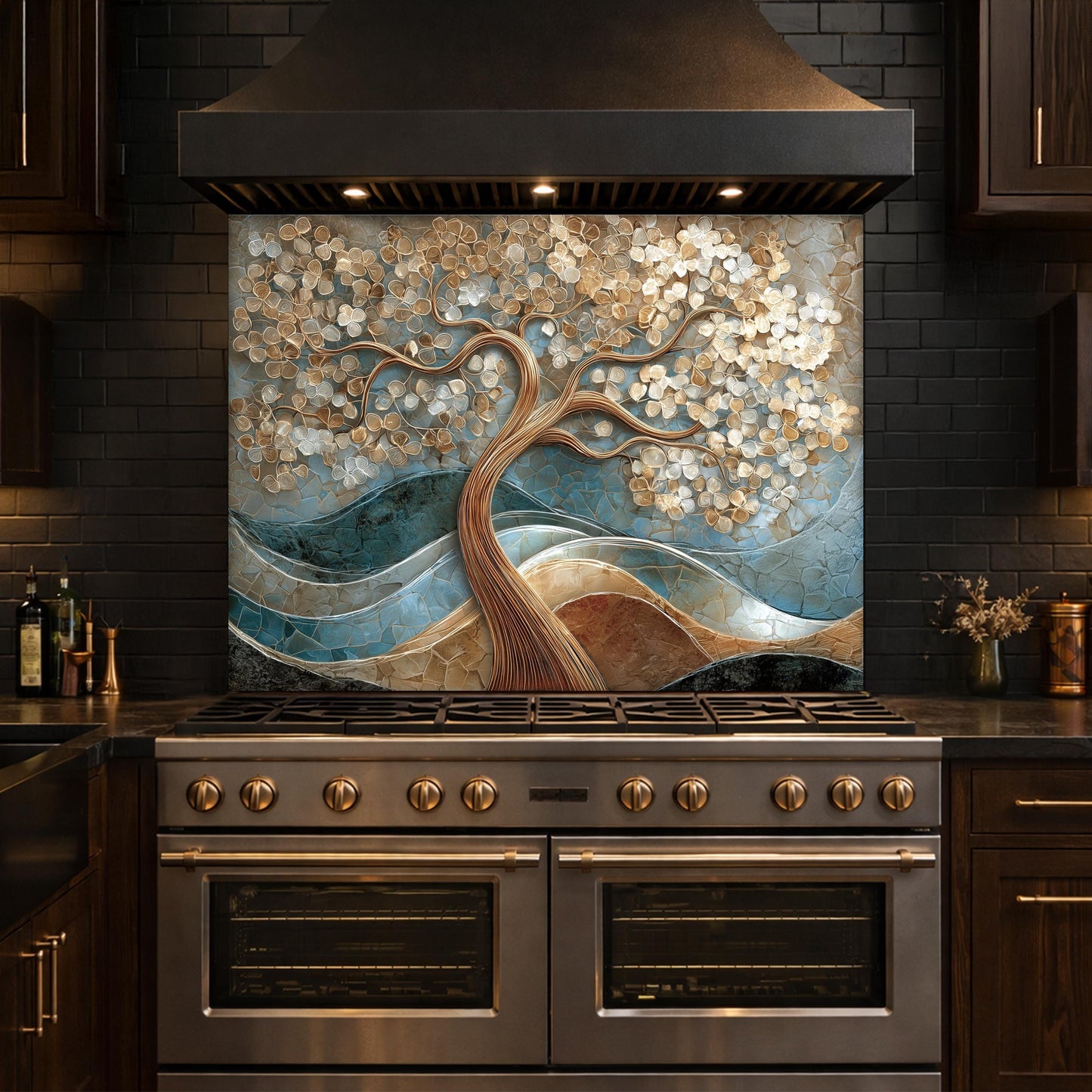 Tree of Life Tempered Glass Kitchen Backsplash Panel – Gold Blue Marble Floral Art