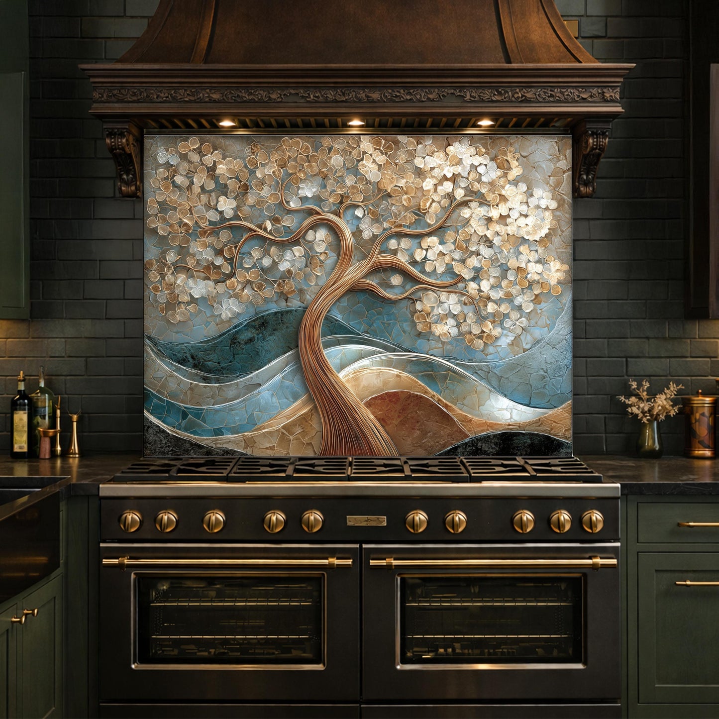 Tree of Life Tempered Glass Kitchen Backsplash Panel – Gold Blue Marble Floral Art