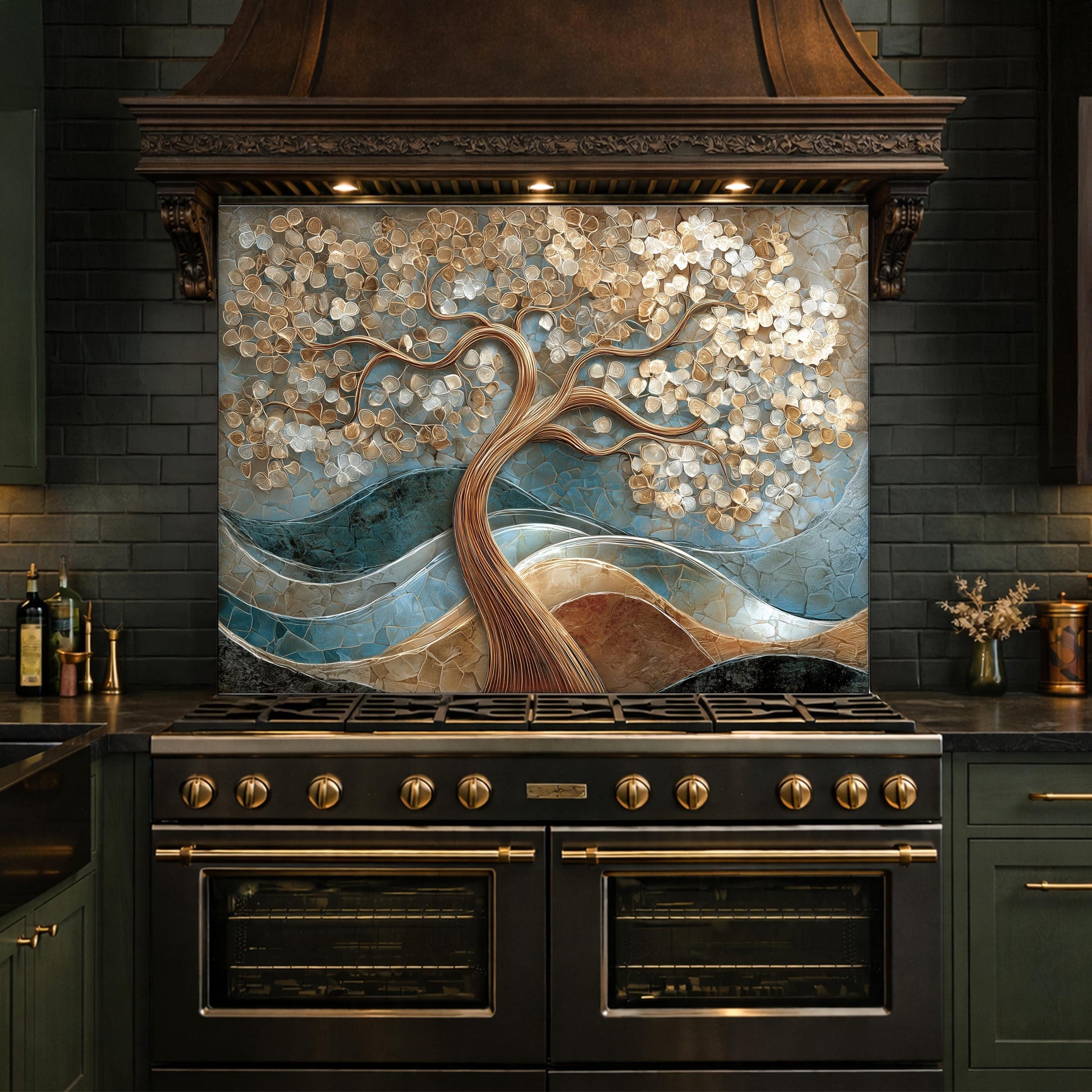 Tree of Life Tempered Glass Kitchen Backsplash Panel – Gold Blue Marble Floral Art