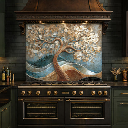 Tree of Life Tempered Glass Kitchen Backsplash Panel – Gold Blue Marble Floral Art