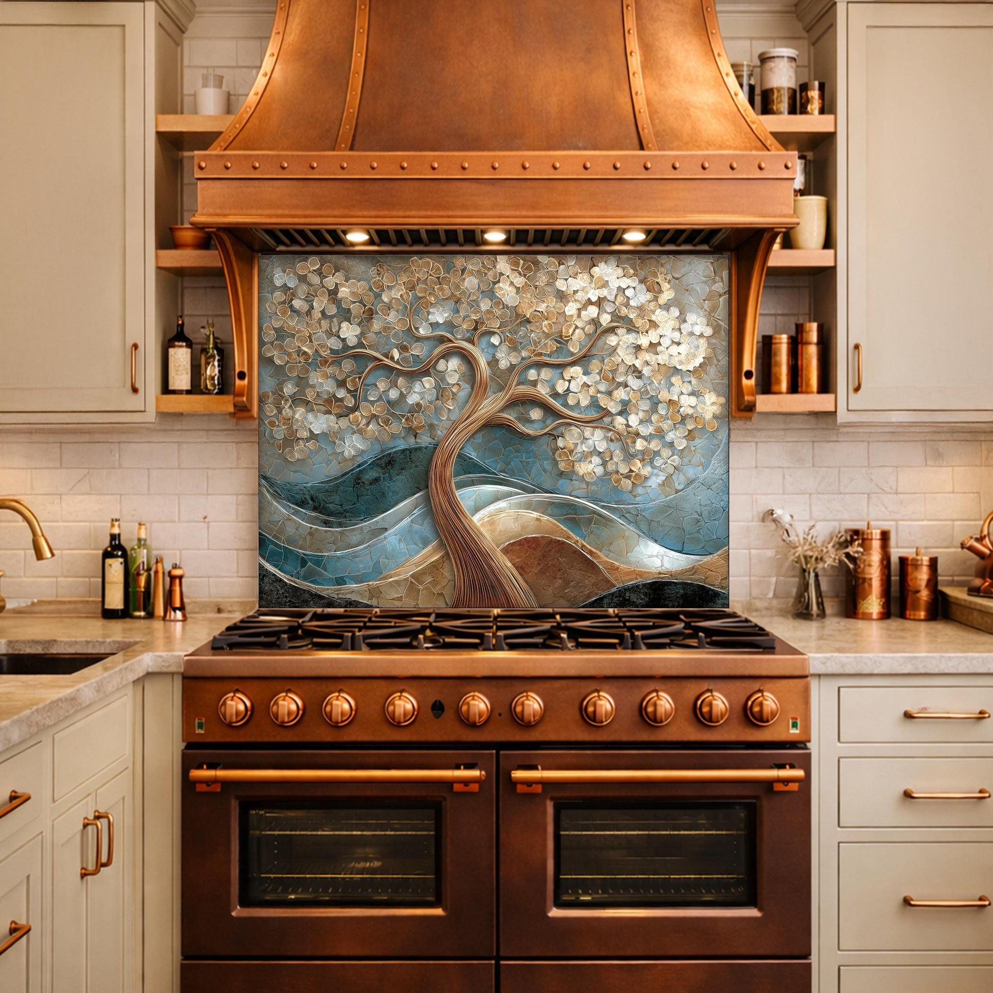 Tree of Life Tempered Glass Kitchen Backsplash Panel – Gold Blue Marble Floral Art