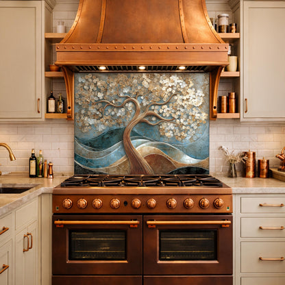 Tree of Life Tempered Glass Kitchen Backsplash Panel – Gold Blue Marble Floral Art
