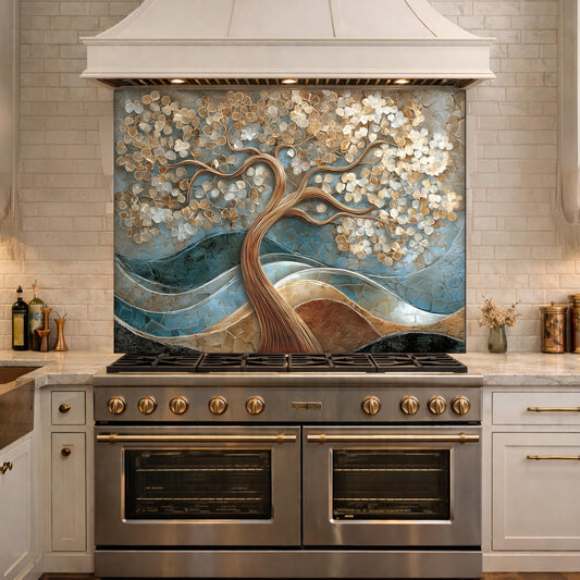 Tree of Life Tempered Glass Kitchen Backsplash Panel – Gold Blue Marble Floral Art