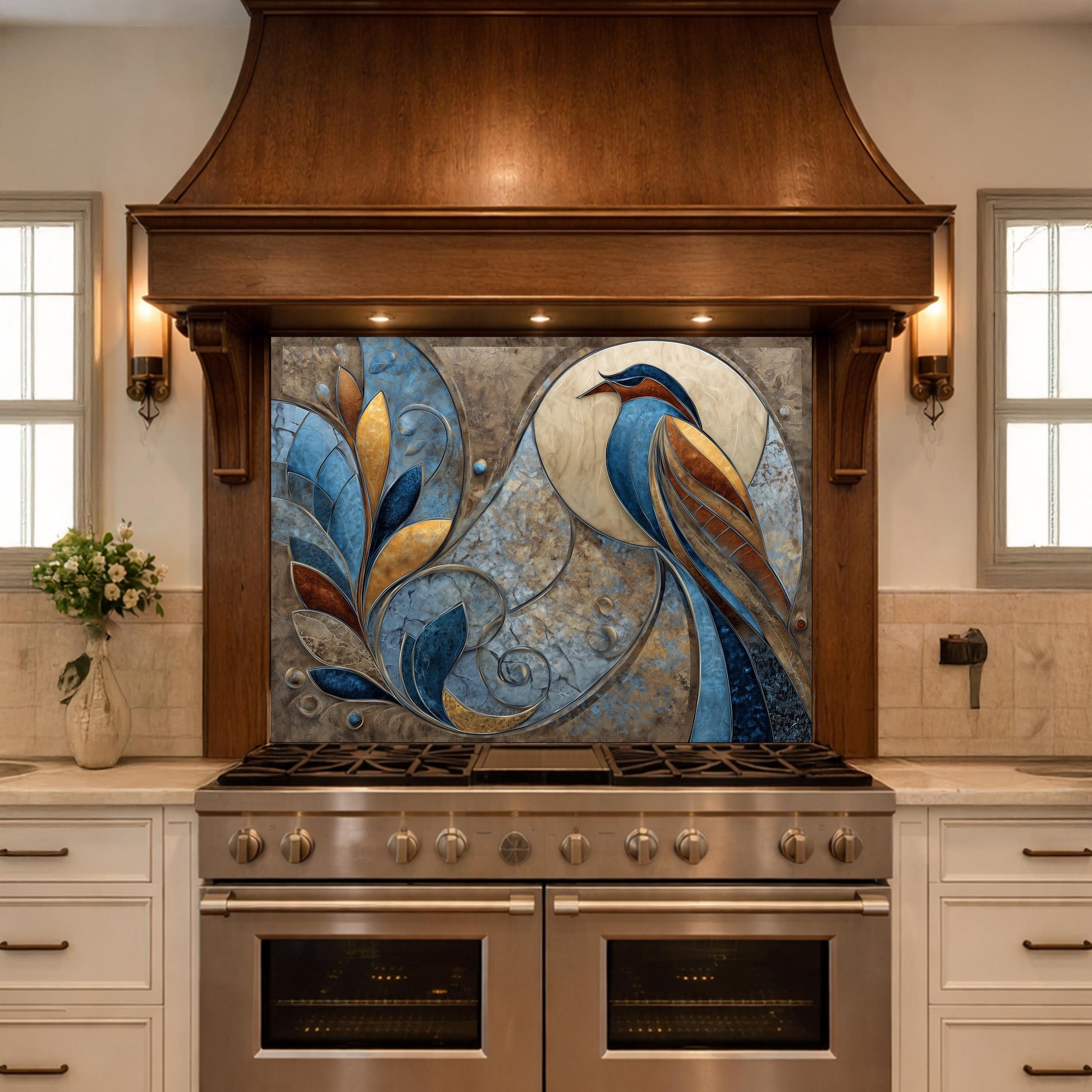 Abstract Bird Tempered Glass Kitchen Backsplash Panel – Blue Gold Nature Wall Art