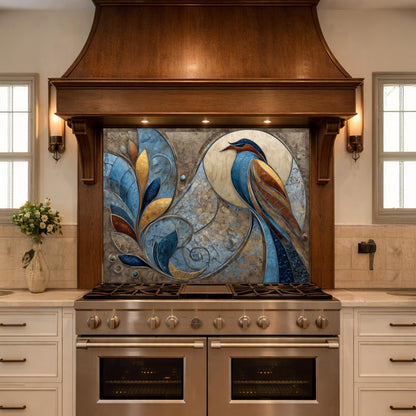 Abstract Bird Tempered Glass Kitchen Backsplash Panel – Blue Gold Nature Wall Art