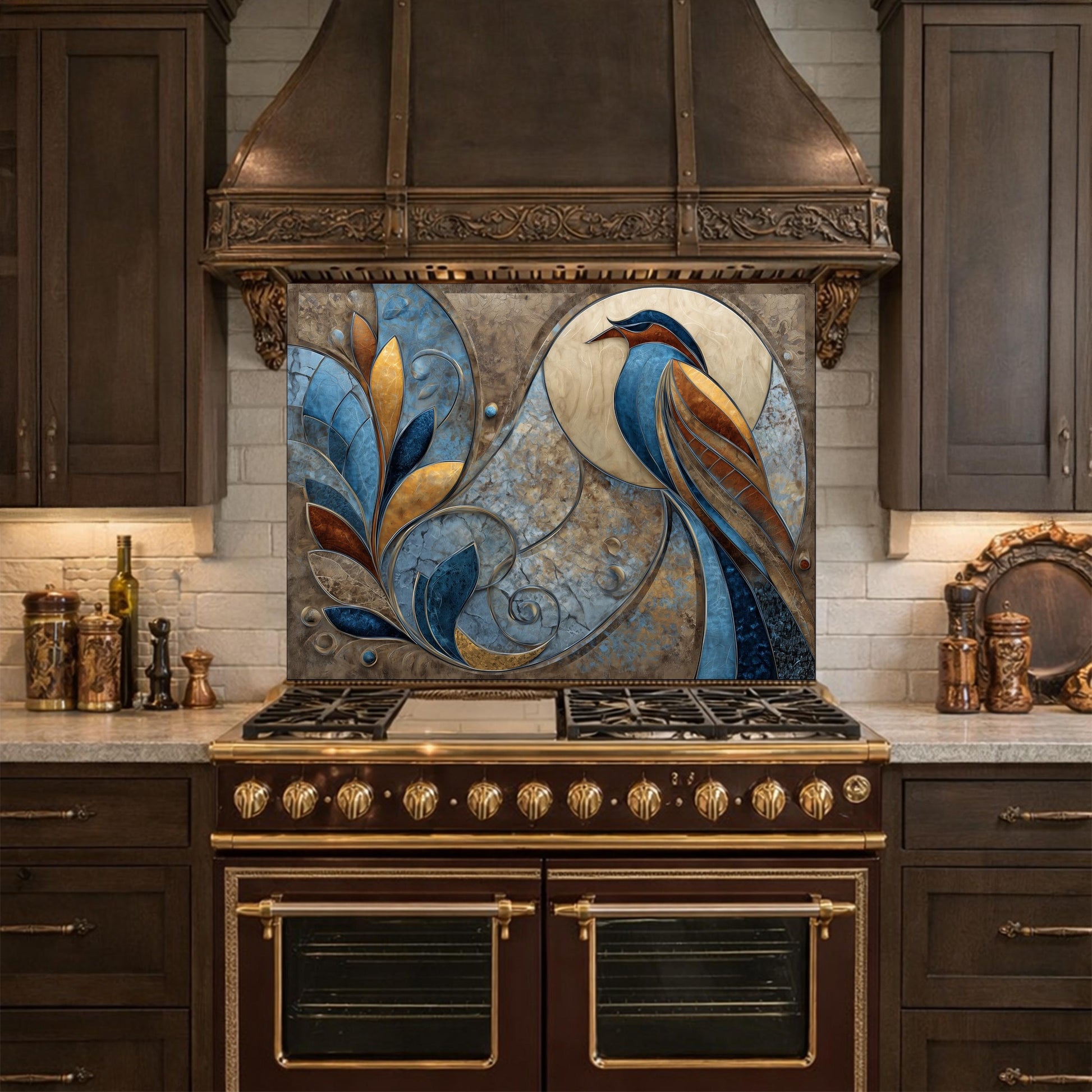 Abstract Bird Tempered Glass Kitchen Backsplash Panel – Blue Gold Nature Wall Art
