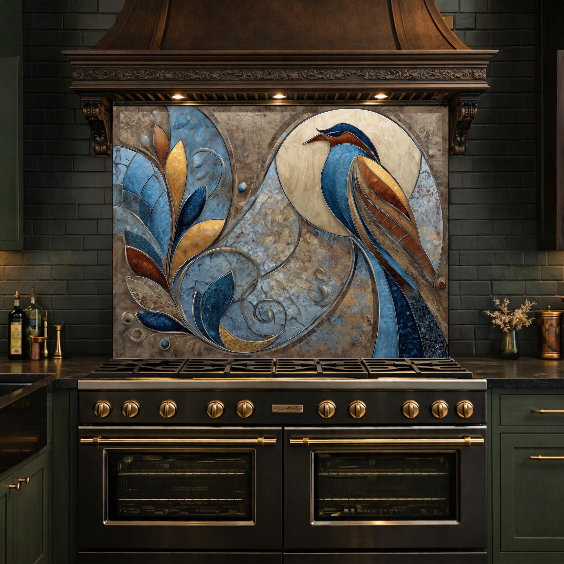 Abstract Bird Tempered Glass Kitchen Backsplash Panel – Blue Gold Nature Wall Art