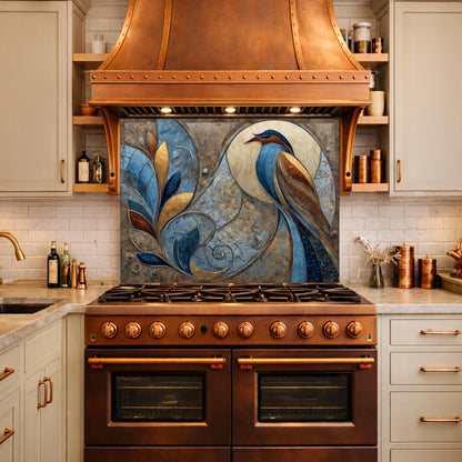 Abstract Bird Tempered Glass Kitchen Backsplash Panel – Blue Gold Nature Wall Art