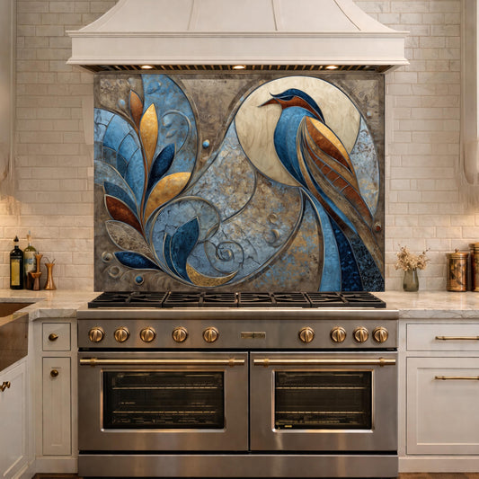 Abstract Bird Tempered Glass Kitchen Backsplash Panel – Blue Gold Nature Wall Art