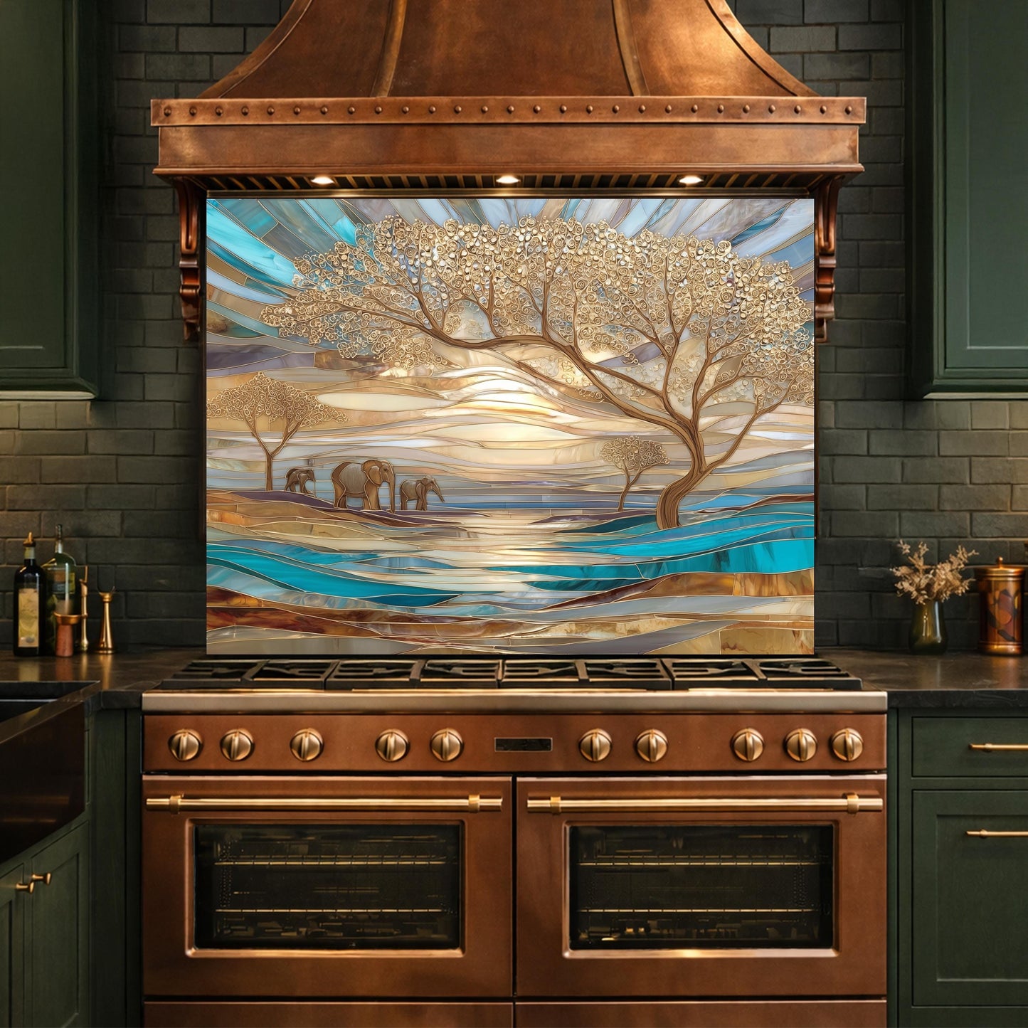 Luxury Elephant Glass Backsplash Blue Gold Savannah Tree Kitchen Wall Panel Art
