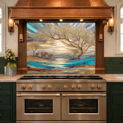 Luxury Elephant Glass Backsplash Blue Gold Savannah Tree Kitchen Wall Panel Art