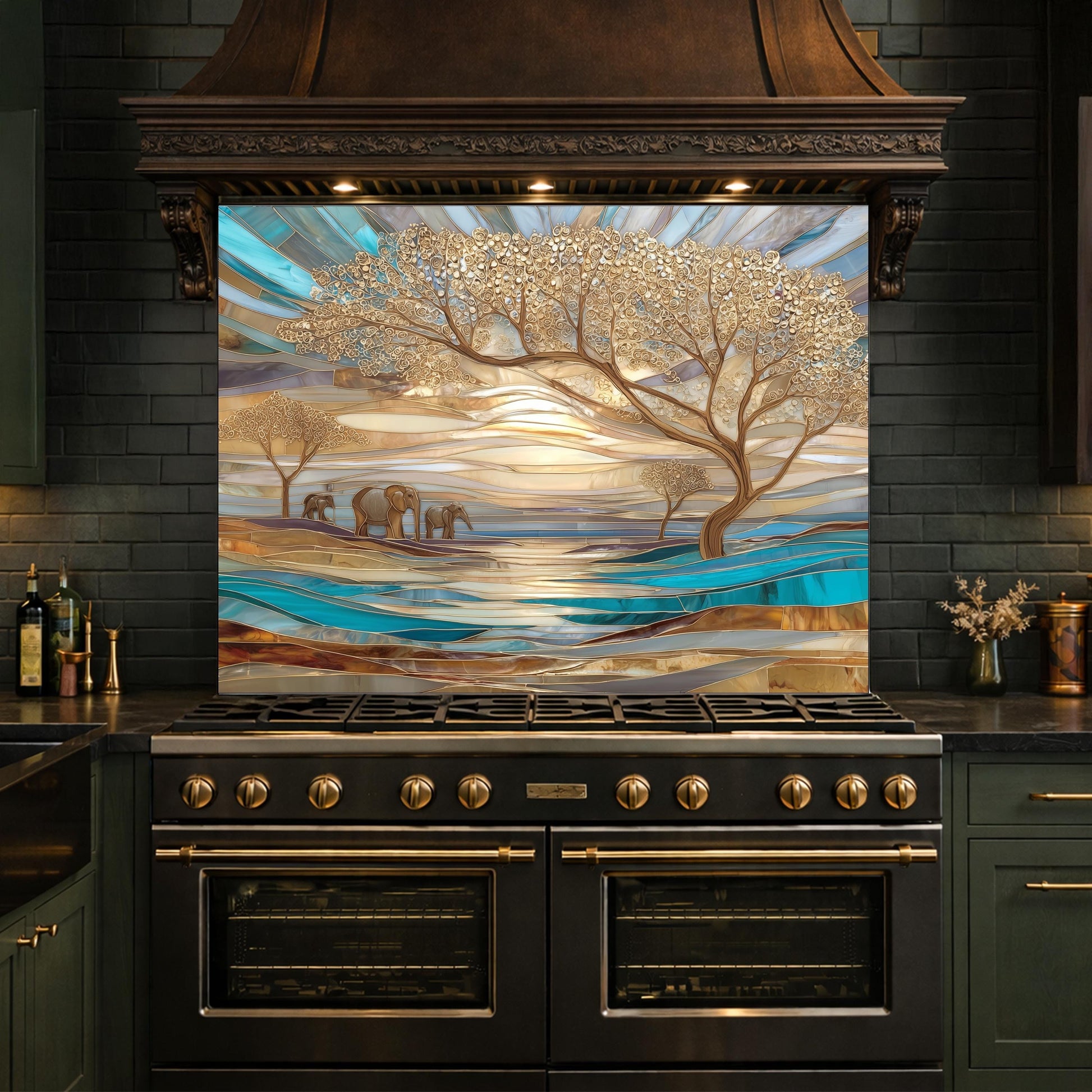Luxury Elephant Glass Backsplash Blue Gold Savannah Tree Kitchen Wall Panel Art