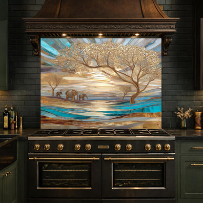 Luxury Elephant Glass Backsplash Blue Gold Savannah Tree Kitchen Wall Panel Art