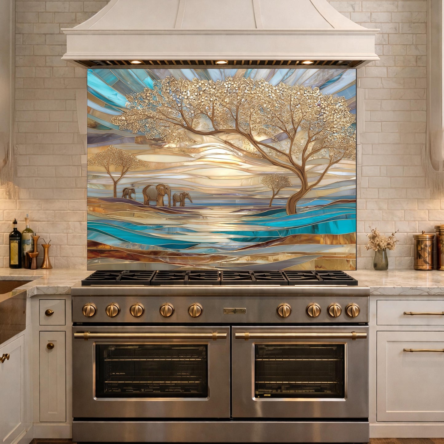 Luxury Elephant Glass Backsplash Blue Gold Savannah Tree Kitchen Wall Panel Art