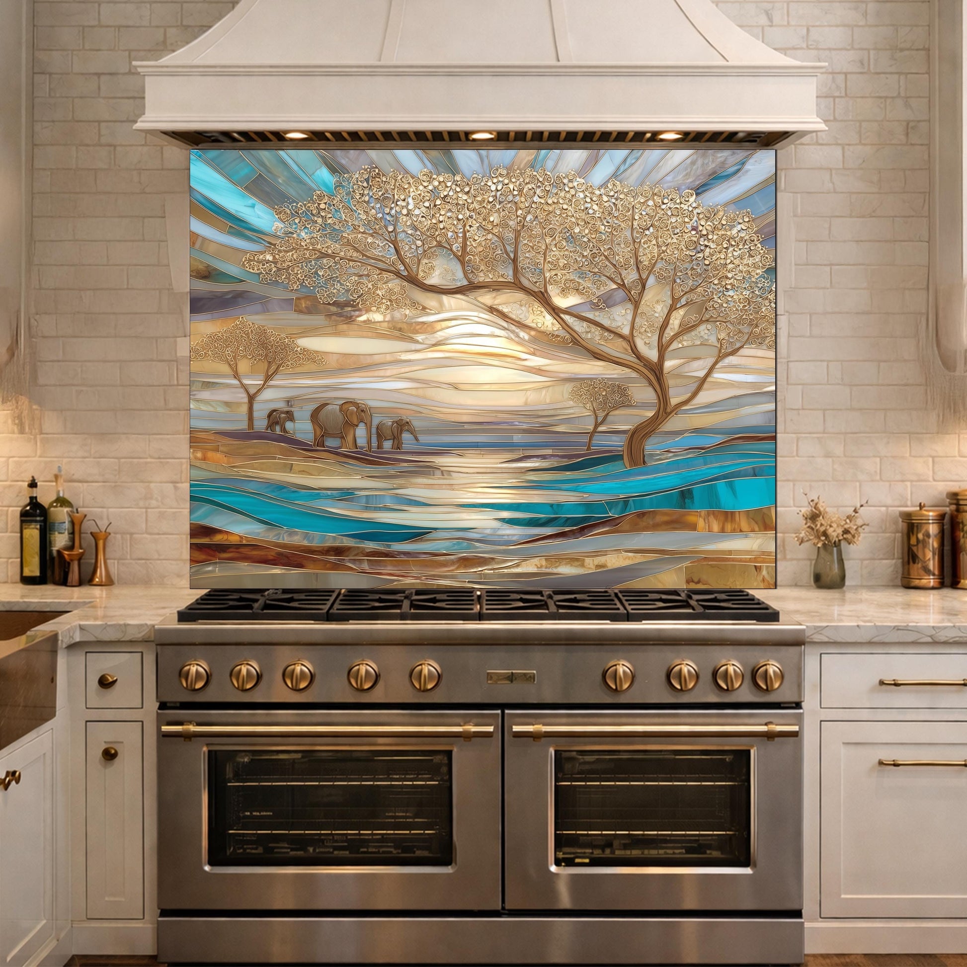 Luxury Elephant Glass Backsplash Blue Gold Savannah Tree Kitchen Wall Panel Art