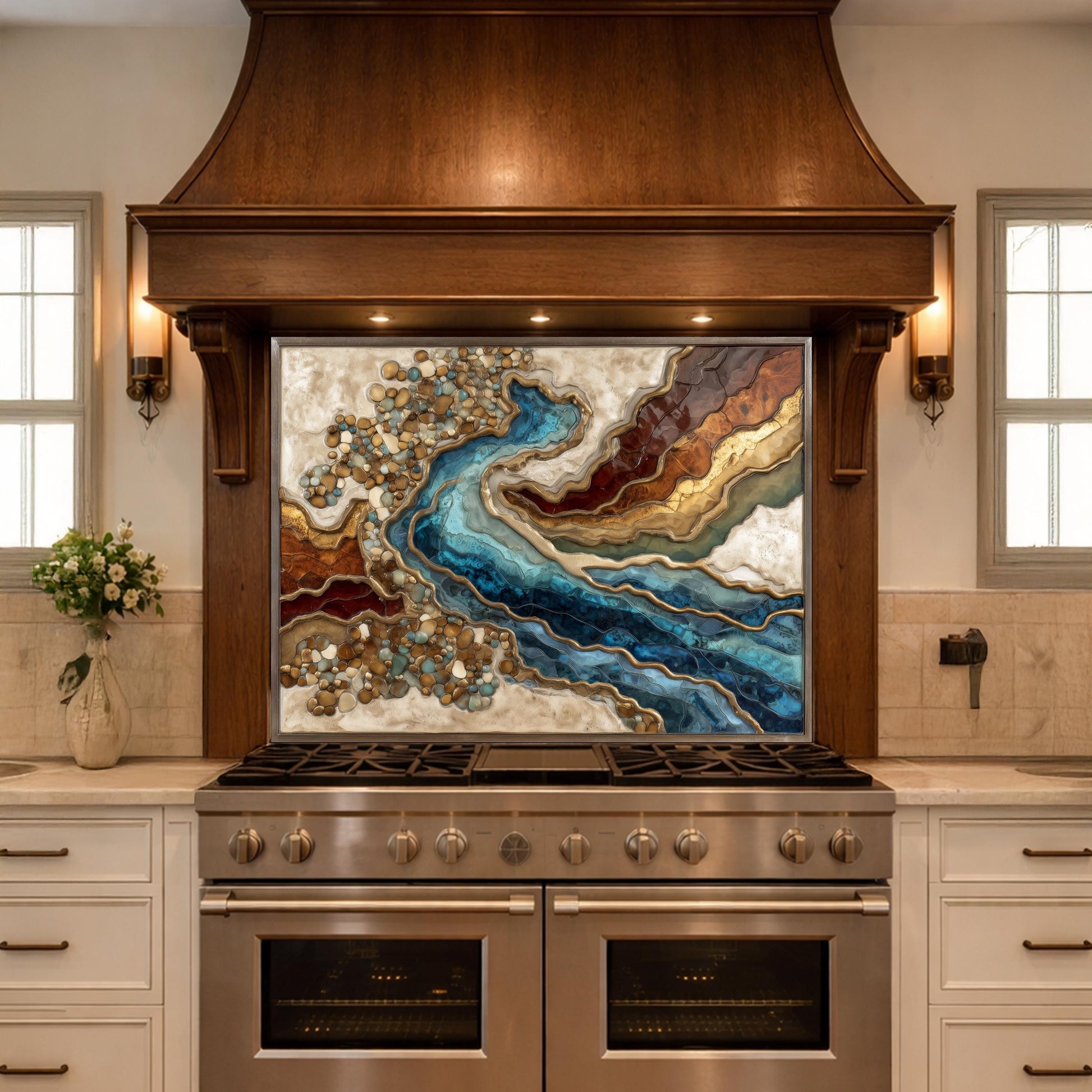 Abstract River Glass Backsplash Blue Gold Marble Kitchen Wall Panel Decor