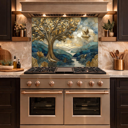 Golden Tree Bird Glass Backsplash Blue Nature Kitchen Wall Decor Pane