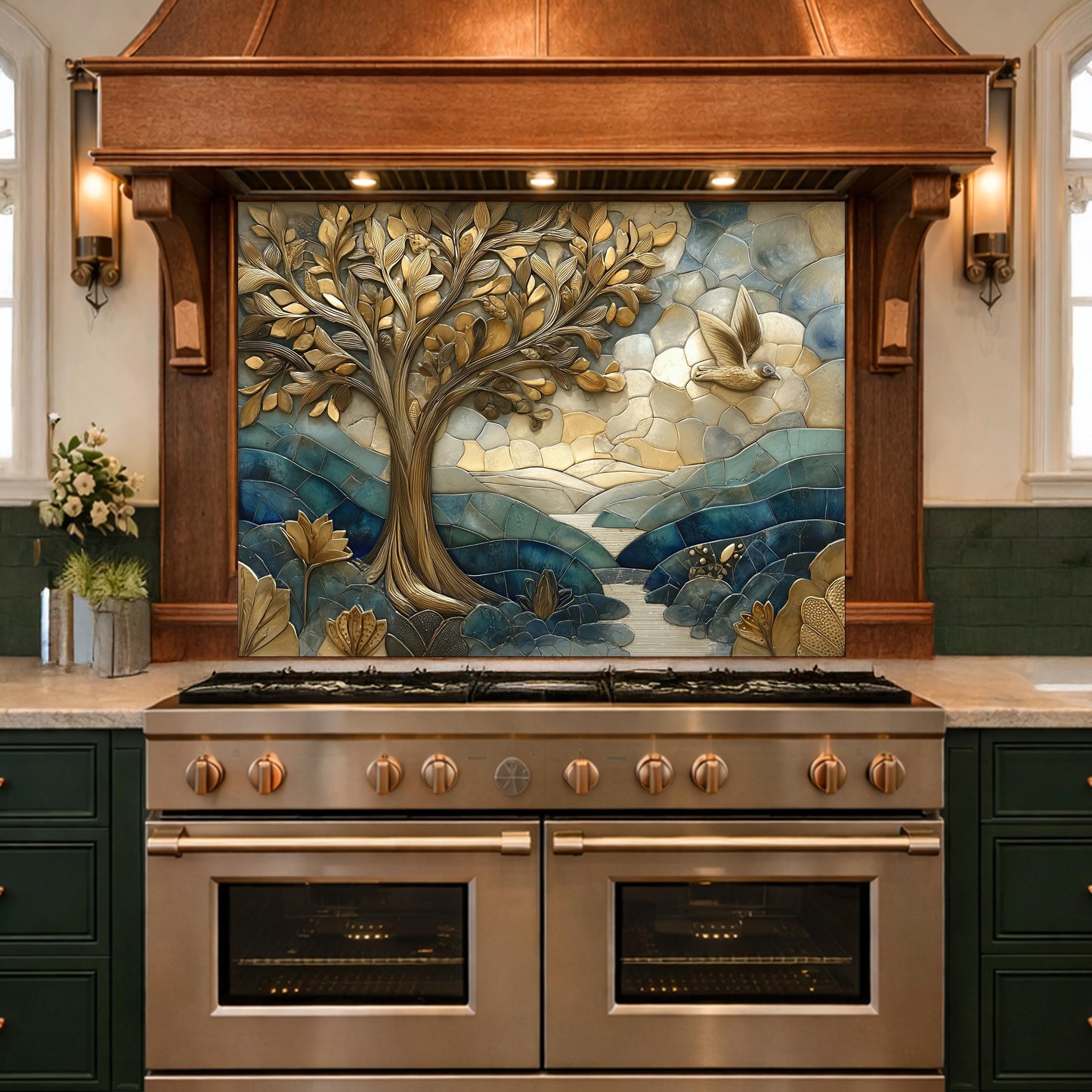 Golden Tree Bird Glass Backsplash Blue Nature Kitchen Wall Decor Pane
