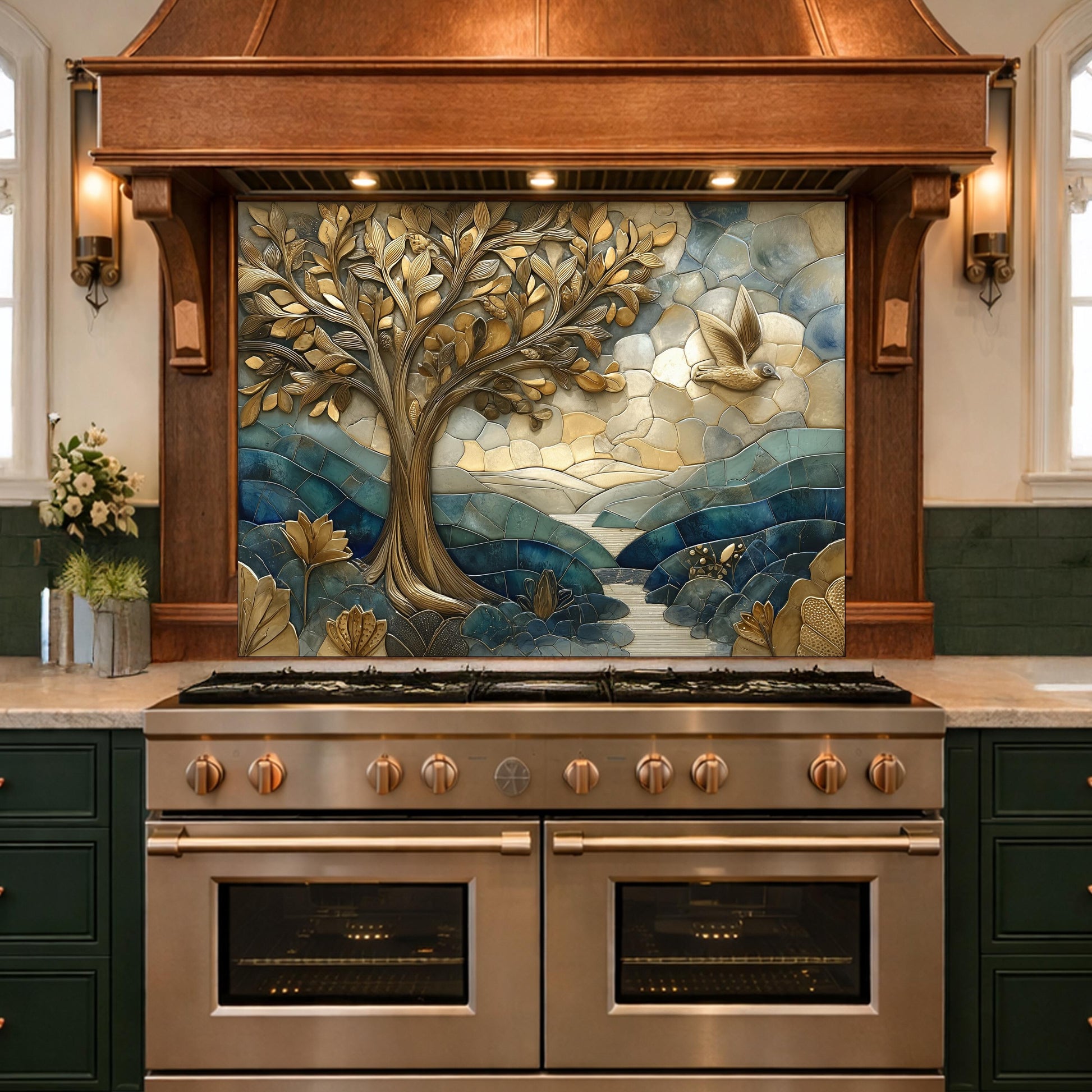 Golden Tree Bird Glass Backsplash Blue Nature Kitchen Wall Decor Pane