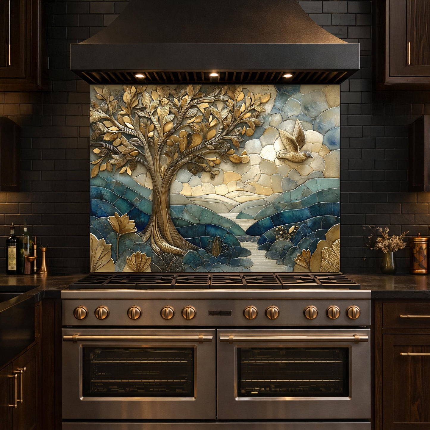 Golden Tree Bird Glass Backsplash Blue Nature Kitchen Wall Decor Pane