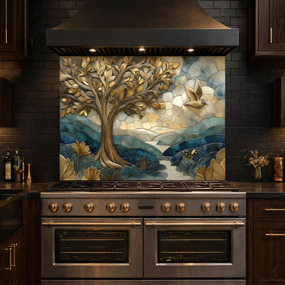 Golden Tree Bird Glass Backsplash Blue Nature Kitchen Wall Decor Pane