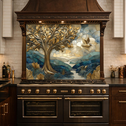Golden Tree Bird Glass Backsplash Blue Nature Kitchen Wall Decor Pane