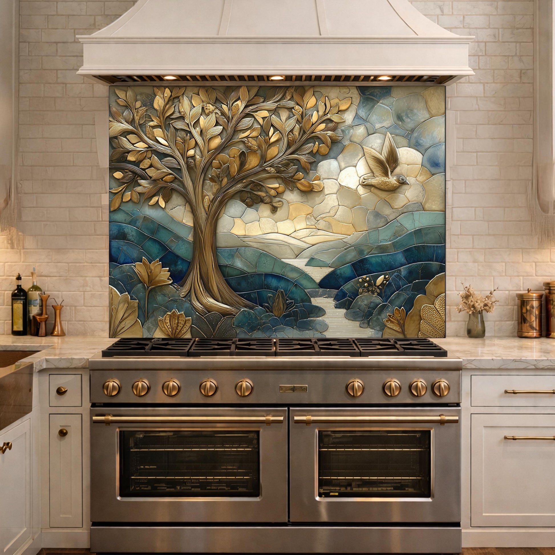 Golden Tree Bird Glass Backsplash Blue Nature Kitchen Wall Decor Pane