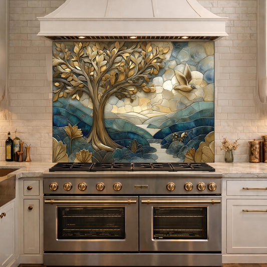 Golden Tree Bird Glass Backsplash Blue Nature Kitchen Wall Decor Pane