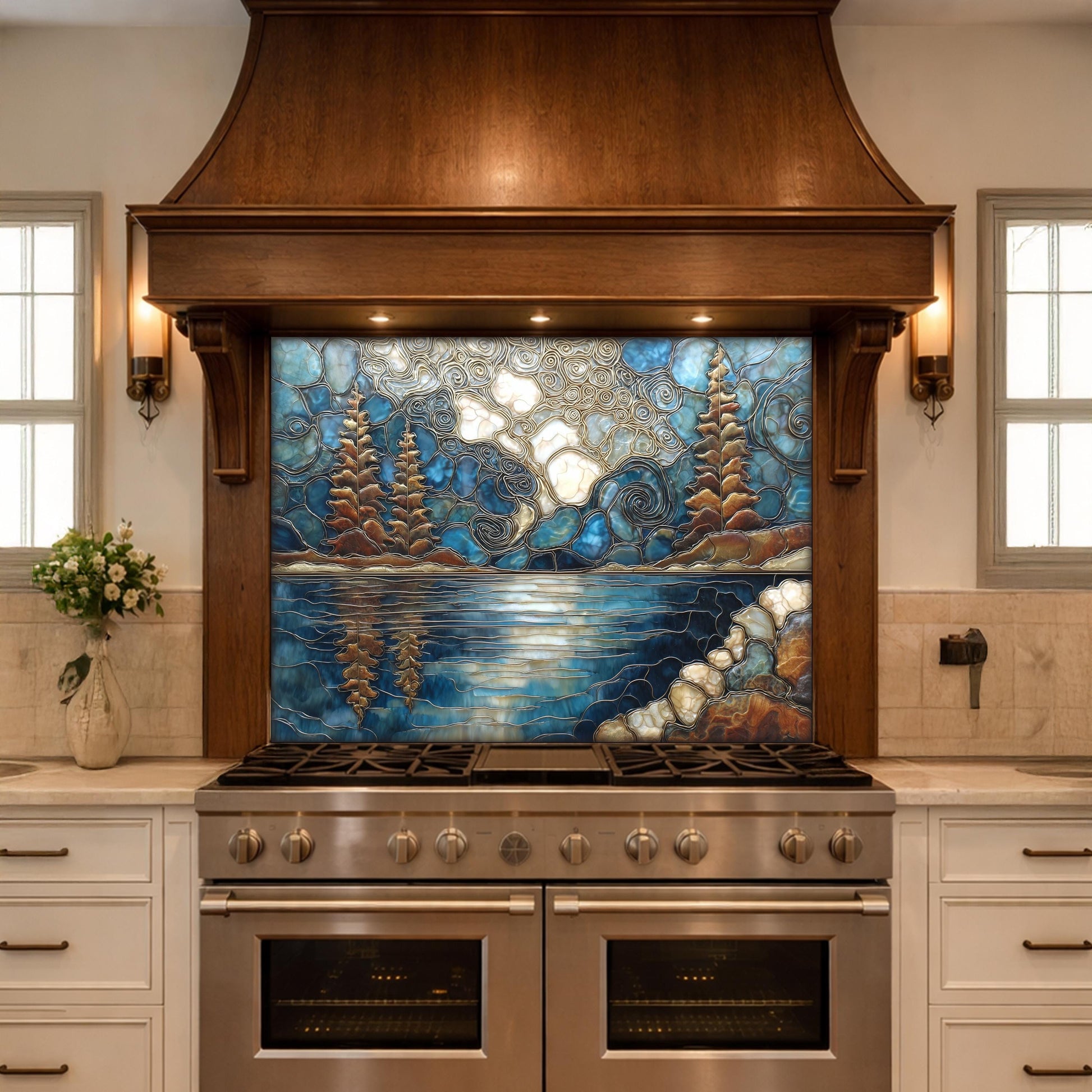 Lake Forest Glass Backsplash Blue Gold Landscape Kitchen Wall Decor Panel