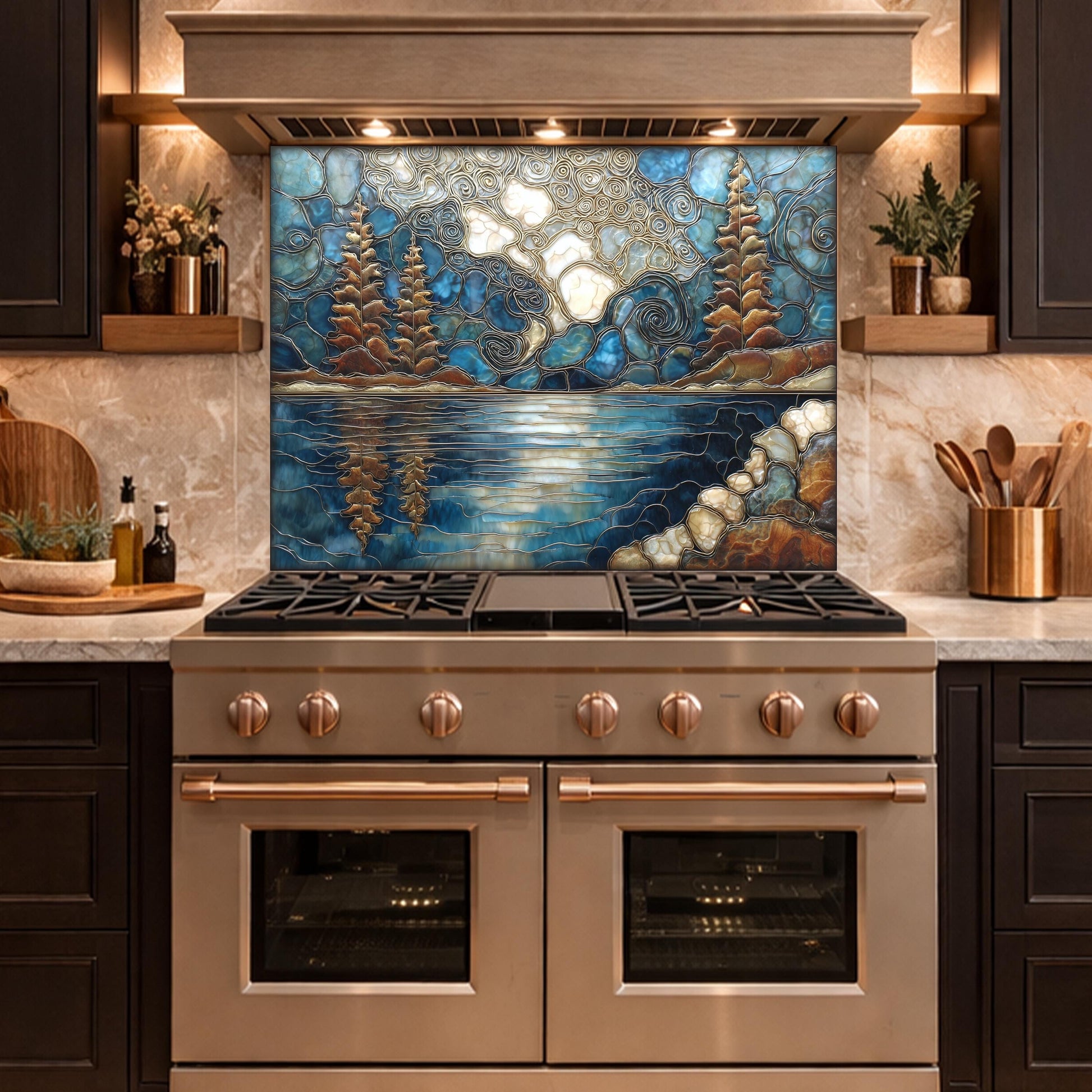 Lake Forest Glass Backsplash Blue Gold Landscape Kitchen Wall Decor Panel