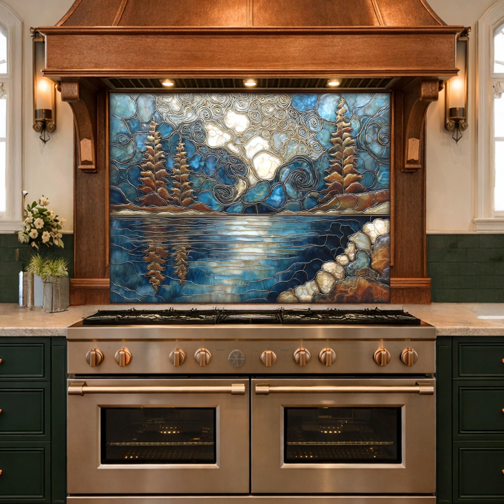Lake Forest Glass Backsplash Blue Gold Landscape Kitchen Wall Decor Panel