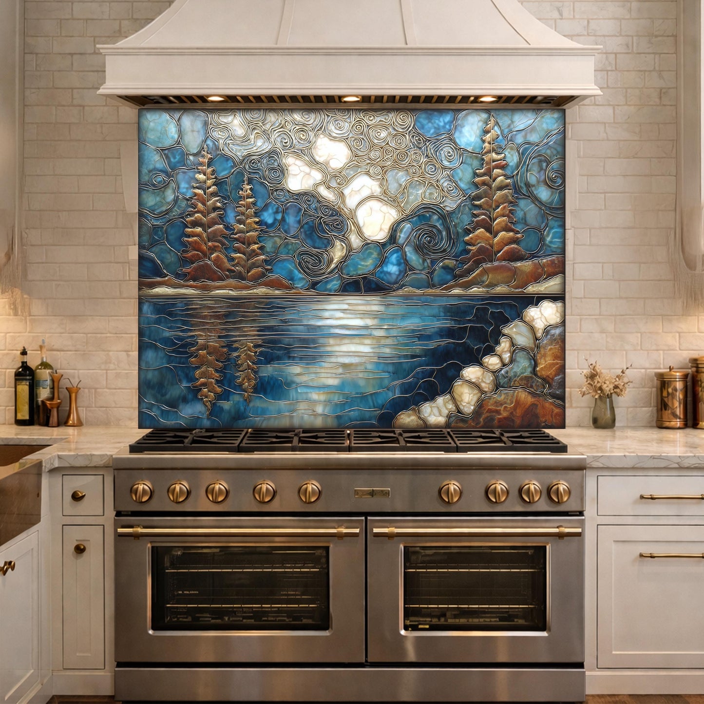 Lake Forest Glass Backsplash Blue Gold Landscape Kitchen Wall Decor Panel