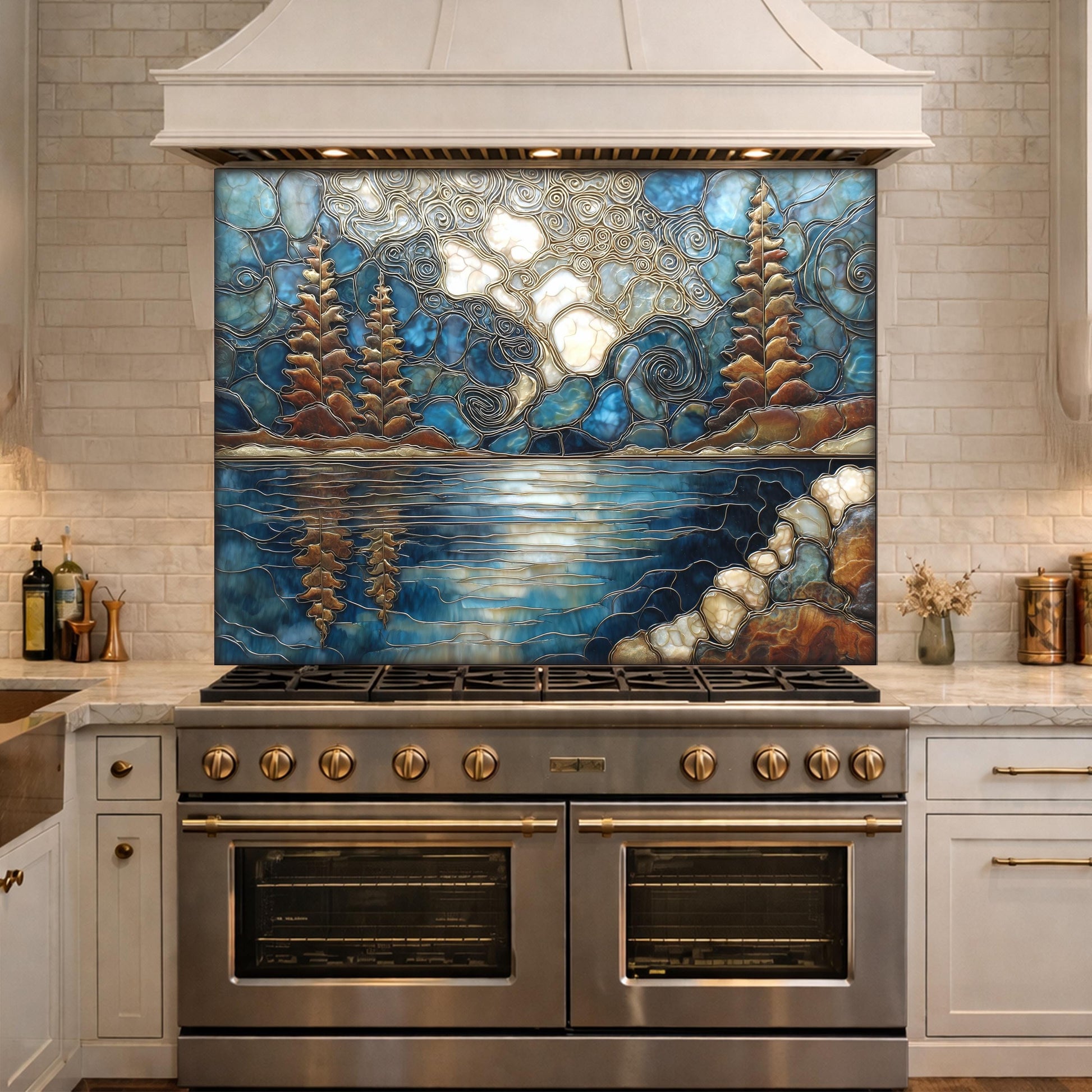 Lake Forest Glass Backsplash Blue Gold Landscape Kitchen Wall Decor Panel