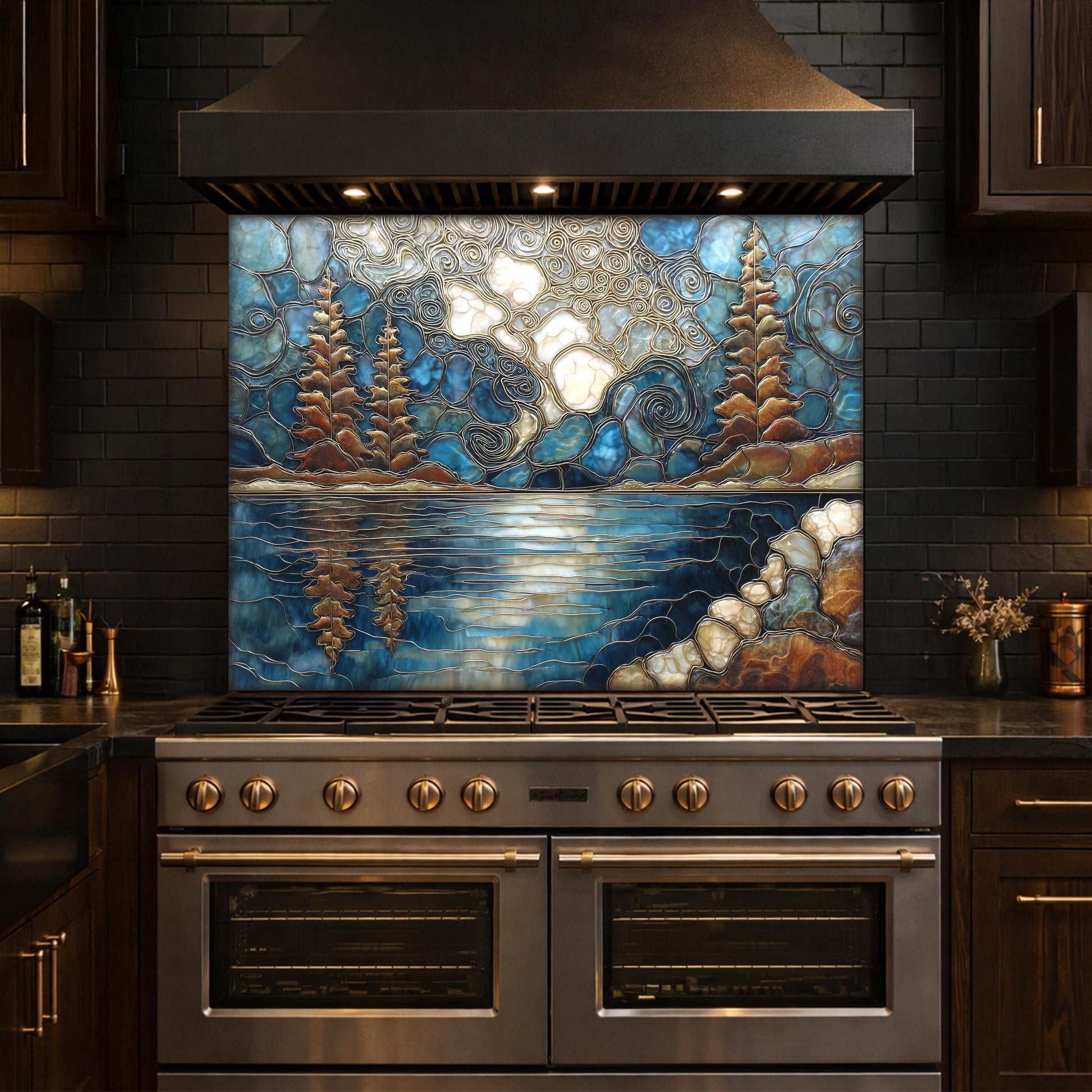 Lake Forest Glass Backsplash Blue Gold Landscape Kitchen Wall Decor Panel