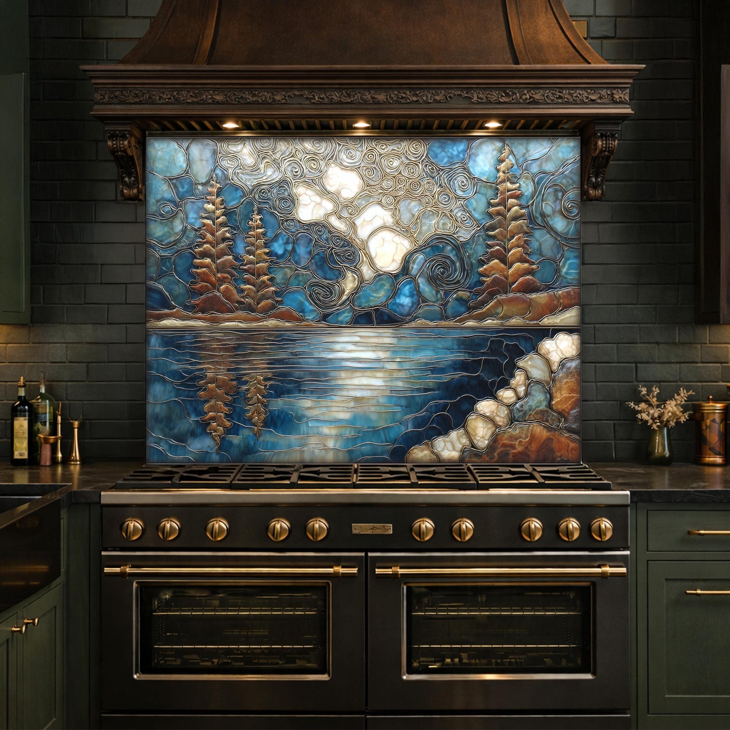 Lake Forest Glass Backsplash Blue Gold Landscape Kitchen Wall Decor Panel