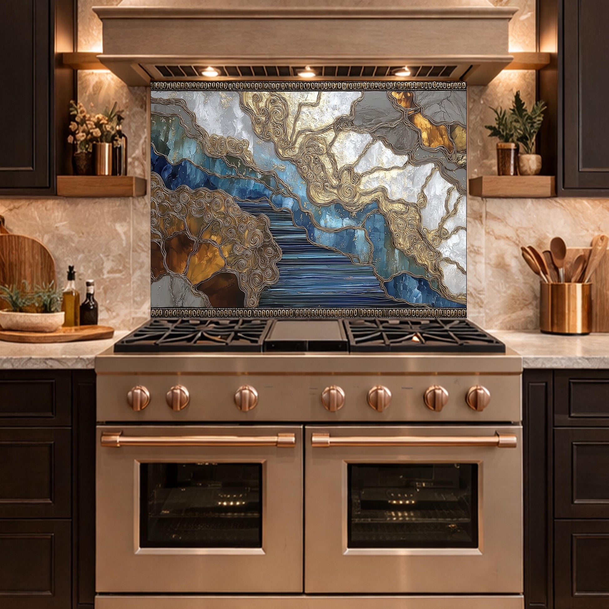 Abstract Marble River Glass Backsplash Blue Gold Kitchen Wall Decor Panel