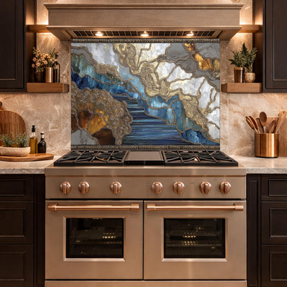 Abstract Marble River Glass Backsplash Blue Gold Kitchen Wall Decor Panel