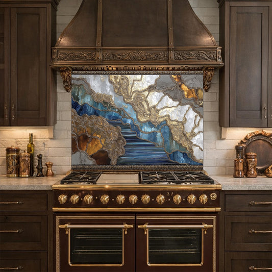 Abstract Marble River Glass Backsplash Blue Gold Kitchen Wall Decor Panel