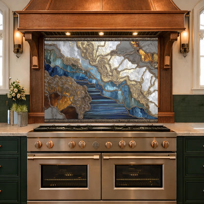 Abstract Marble River Glass Backsplash Blue Gold Kitchen Wall Decor Panel