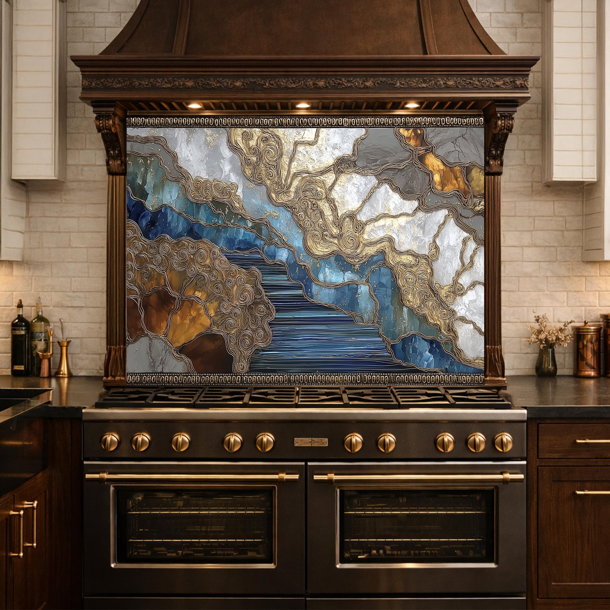 Abstract Marble River Glass Backsplash Blue Gold Kitchen Wall Decor Panel