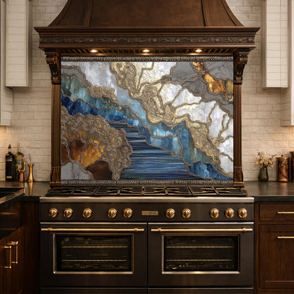 Abstract Marble River Glass Backsplash Blue Gold Kitchen Wall Decor Panel