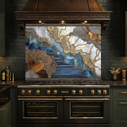 Abstract Marble River Glass Backsplash Blue Gold Kitchen Wall Decor Panel